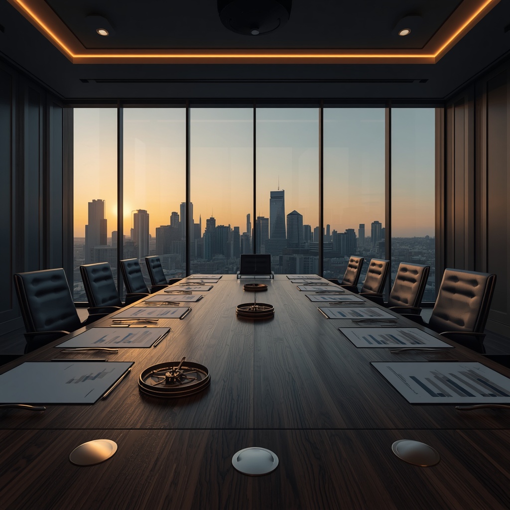 Cinematic wide shot of a modern executive boardroom with a glass wall overlooking a city skyline at golden hour, a large dark wooden conference table covered with strategy documents, a brass compass and financial charts, professional corporate photography, high detail, warm navy and gold tones